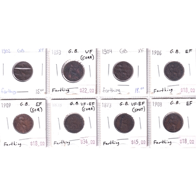 8x Great Britain 1853-1909 Farthings, Very Fine to Extra Fine, 8Pcs (4x Impaired)