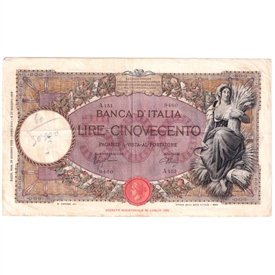 1939 Italy 500 Lire Note, VF-EF (Damaged)
