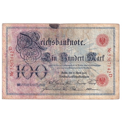 1903 Germany 100 Mark Note, Very Good (Damaged)