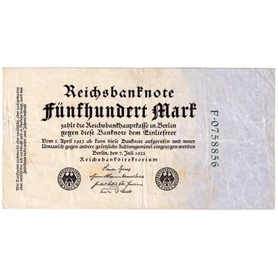 Germany 1922 Pick #74b 500 marks Banknote Very Fine (VF-20) Stain