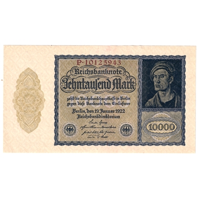 Germany 1922 10,000-mark Note Pick #72 AU-UNC (AU-55) Holes