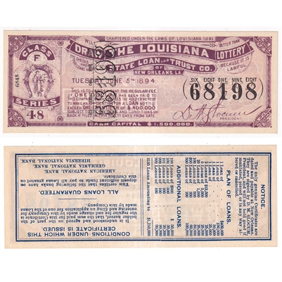 Original 1894 Louisiana Lottery Ticket Class F Series