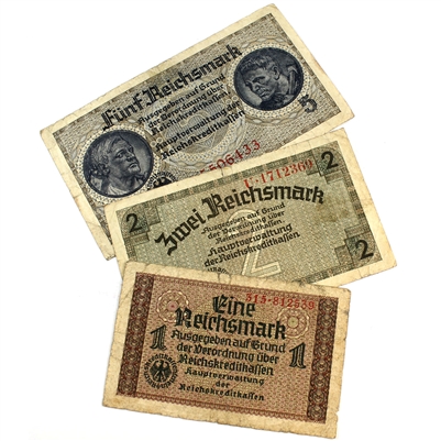 WWII Germany Paper Money 1,2 & 5 Reichsmark. 3pcs