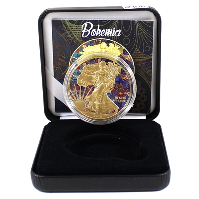 2018 USA Silver Eagle Gold Plated with Bohemia Colouring in Display (No Tax)