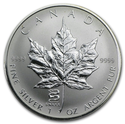 2001 Canada $5 Snake Privy Mark Silver Maple Leaf (TAX Exempt) Lightly Toned