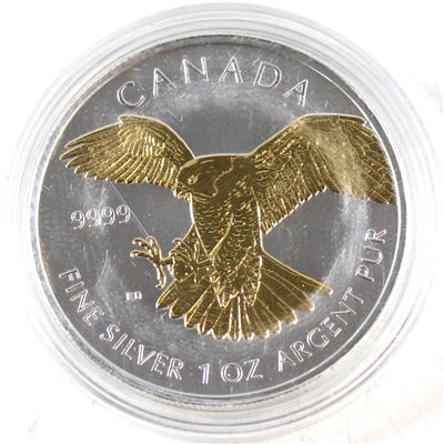 2014 Canada $5 Gold Plated Peregrine Falcon 1oz. .999 Silver (No Tax) scuffed capsule