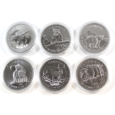 6x 2011-2013 Canada $5 Wildlife Series 1oz .999 Fine Silver (No Tax) - Light Toning