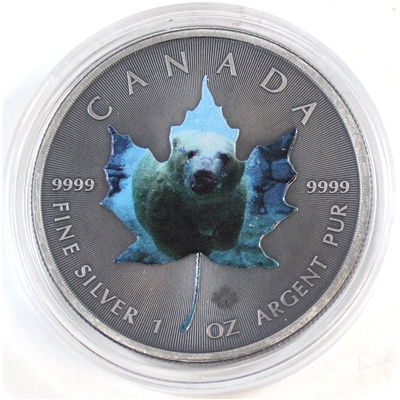 Unique 2015 Antiqued Polar Bear $5 Silver Maple Leaf with coloured depiction (No Tax)