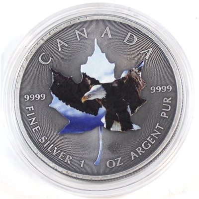 Unique 2015 Antiqued Bald Eagles $5 Silver Maple Leaf with coloured depiction (No Tax)