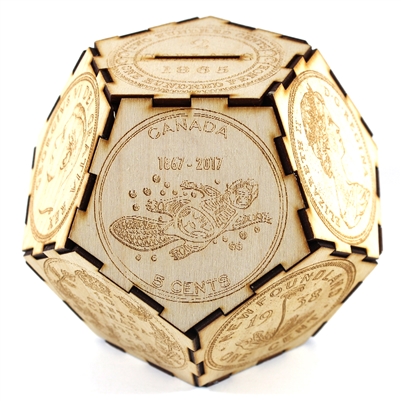 Money Bank with Canadian Coins depicted with slot to insert coins & plug on the bottom.