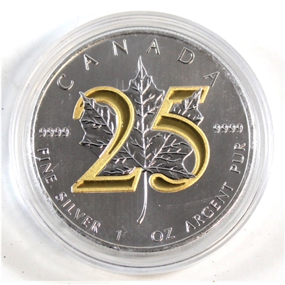 2013 Canada $5 25th Anniversary of the Silver Maple Leaf with Gold Plating (No Tax)