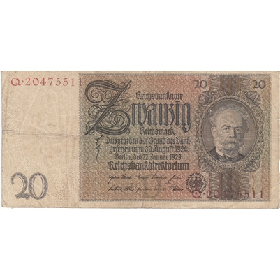 Germany 1929 20 Reichsmark, F (Tears or Damaged)