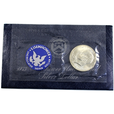 1973 S USA Eisenhower Uncirculated Silver Dollar in Envelope (Light wear on envelope)
