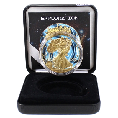 2015 USA Silver Eagle Gold Plated with Blue Swirls Colour in Display (No Tax)