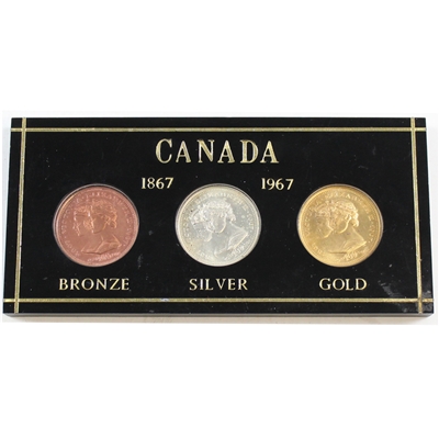 1867-1967 Canada Centennial 3-Medallion Set in Acrylic - Bronze, Silver, and Gold-Plated