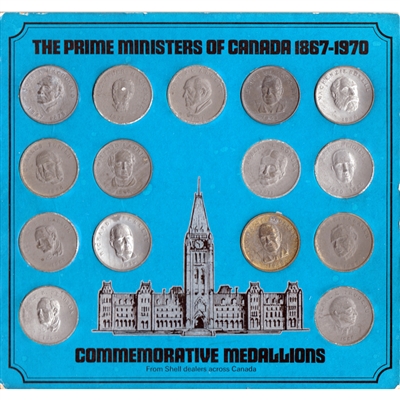 Set of 15x Prime Ministers of Canada Medallions in Blue Board (Impaired)