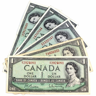 Lot of 5x 1954 Canada $1 Notes with All Different Prefixes, Circ, 5Pcs
