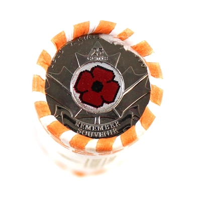 ALL COLOURED CIRCULATED 2008 Canada Armistice Poppy Remembrance 25-cent Roll of 40Pcs