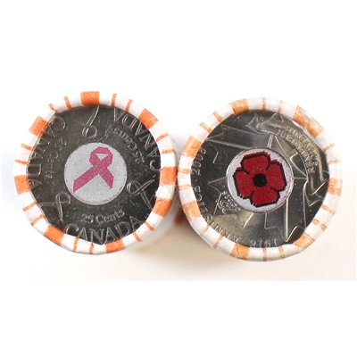 Pair of All Coloured 2006 Pink Ribbon & 2008 Armistice Canada 25-cent Rolls, Circ.