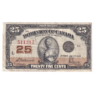 DC-24c 1923 Dominion 25-cent Shinplaster McCavour-Saunders F-VF.  Small tear, pinhole, soiling, or impaired