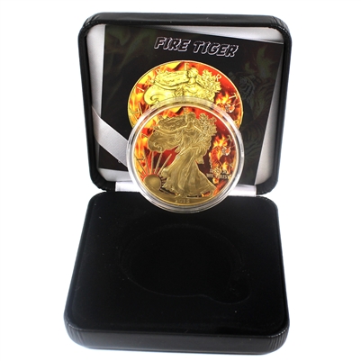 Fire Tiger $1 Silver USA .999 Fine Gold Plated with Colouring & Case (No Tax)