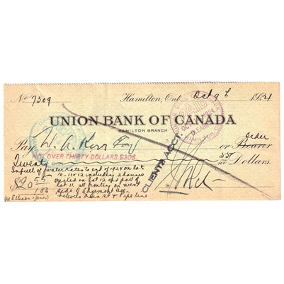 1924 Union Bank of Canada Money Order, Cancelled Cheque, Issued in Hamilton, Ontario