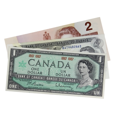 Lot of 3x Canadian Bank Notes - 1867-1967 $1, 1973 $1, & 1986 $2, CIRC, 3Pcs