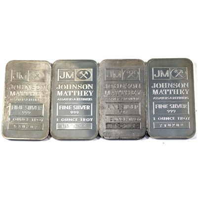 Lot of 4x Johnson Matthey 1oz .999 Silver Bars, 4Pcs (No Tax) Toned, scuffed