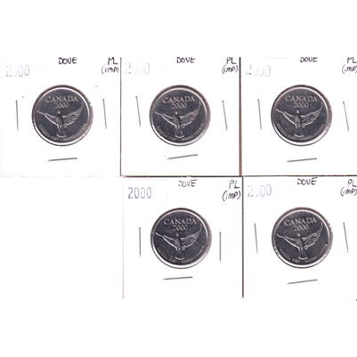 Lot of 5x 2000 Canada Millennium Dove Tokens, Proof Like, 5Pcs (Impaired)