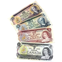 4x Canada Notes: 1973 $1, 1974 $2, 1979 or 1972 $5 & 1971 $10, Average Condition, 4Pcs