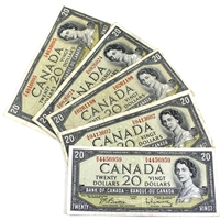 Lot of 5x 1954 Canada $20 Notes with All Different Prefixes, Average, 5Pcs (Impaired)