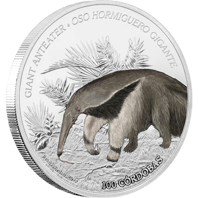 2018 Nicaragua C$100 Wildlife - Giant Anteater 1oz. Silver Proof (No Tax)