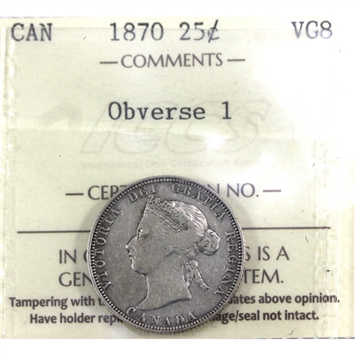1870 Obv. 1 Canada 25-cents ICCS Certified VG-8