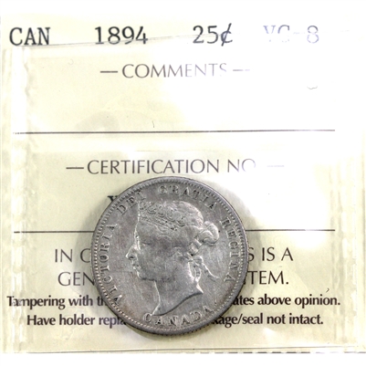 1894 Canada 25-cents ICCS Certified VG-8 (Scratched)