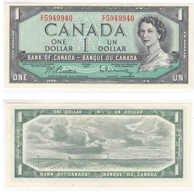 BC-37b-i 1954 Canada $1 Beattie-Rasminsky, E/F, AU-UNC