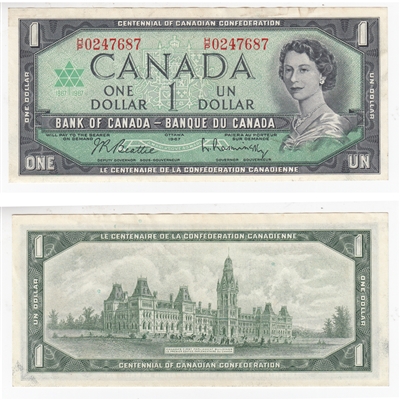 BC-45b-i 1967 Canada $1 Beattie-Rasminsky, H/P, AU