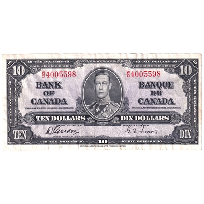 BC-24b 1937 Canada $10 Gordon-Towers, W/D, VF