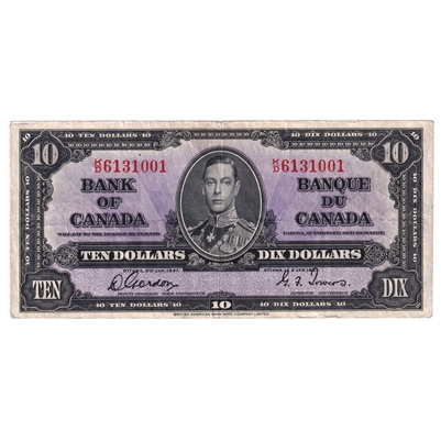 BC-24b 1937 Canada $10 Gordon-Towers, K/D, VF