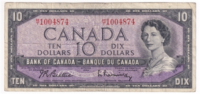 BC-40b 1954 Canada $10 Beattie-Rasminsky, H/T, F-VF