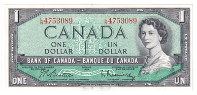 BC-37b 1954 Canada $1 Beattie-Rasminsky, L/N, AU-UNC