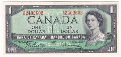 BC-37b-i 1954 Canada $1 Beattie-Rasminsky, X/M, AU