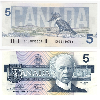 BC-56a-i 1986 Canada $5 Crow-Bouey, EOU, AU-UNC