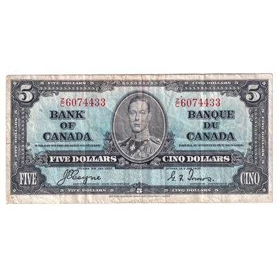 BC-23c 1937 Canada $5 Coyne-Towers, Z/C, VF