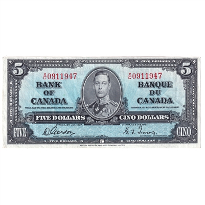 BC-23b 1937 Canada $5 Gordon-Towers, X/C, VF-EF