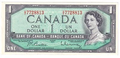 BC-37b-i 1954 Canada $1 Beattie-Rasminsky, V/Z, AU-UNC