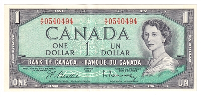 BC-37b-i 1954 Canada $1 Beattie-Rasminsky, V/Z, EF