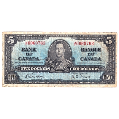 BC-23b 1937 Canada $5 Gordon-Towers, J/C, VG