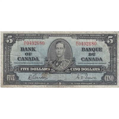 BC-23b 1937 Canada $5 Gordon-Towers, R/C, VG-F