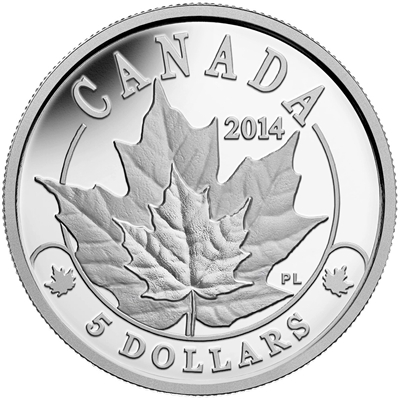 2014 Canada $5 Platinum Coin Overlaid Majestic Maple Leaves (No Tax)