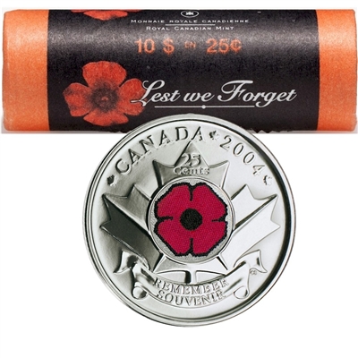 2004-P Canada Coloured Poppy 25-cent Original Roll of 40pcs
